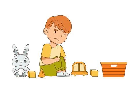 Grumpy Boy Sitting on the Floor with Toys and Grizzling Vector Illustration Stock Illustration