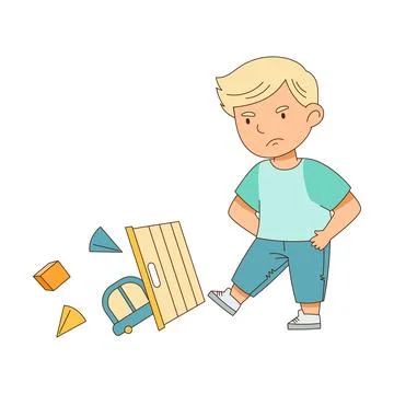 Grumpy Boy Tossing Toys with His Leg Grizzling Vector Illustration Stock Illustration
