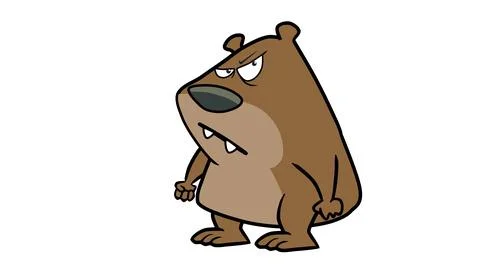 Grumpy brown cartoon beaver standing angry expression big teeth tail Stock Illustration