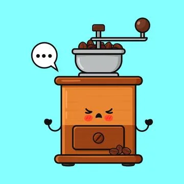Grumpy cartoon coffee grinder mascot thinking about grinding beans 스톡 일러스트