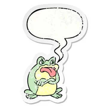 Grumpy cartoon frog and speech bubble distressed sticker Stock Illustration