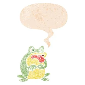 Grumpy cartoon frog and speech bubble in retro textured style Stock Illustration