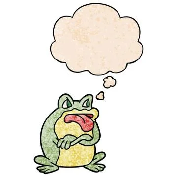 Grumpy cartoon frog and thought bubble in grunge texture pattern style Illustrazione stock