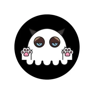 Grumpy cat in ghost costume sticker. Halloween Stock Illustration