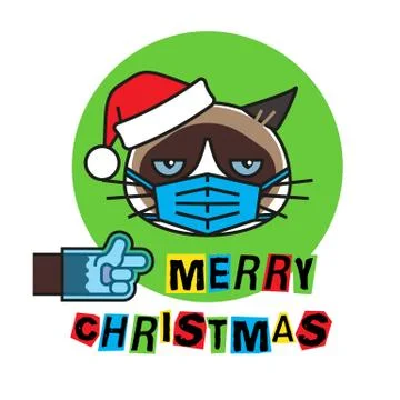 Grumpy cat in mask, gloves and christmas hat Stock Illustration