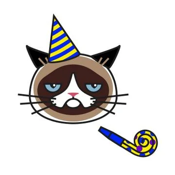 Grumpy cat in party hat with party horn blower Stock Illustration