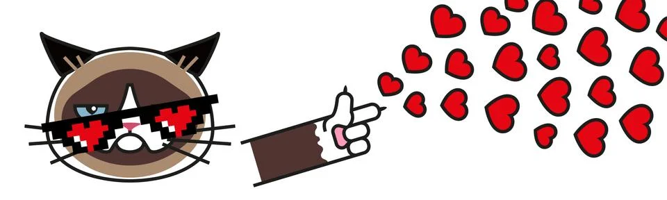 Grumpy cat in pixel glasses with hearts Stock Illustration