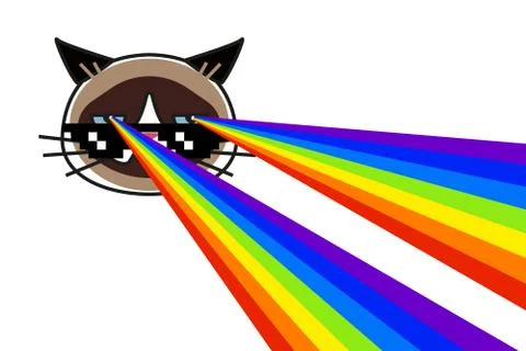 Grumpy cat in pixel glasses with rainbow lasers Stock Illustration