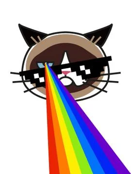 Grumpy cat in pixel glasses with rainbow lasers Stock Illustration