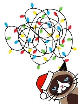 Grumpy cat tangled christmas lights. Greeting card Stock Illustration