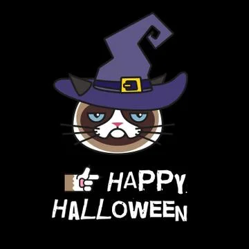 Grumpy cat in witch costume. Happy halloween Stock Illustration