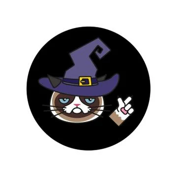 Grumpy cat in witch costume sticker. Halloween Stock Illustration