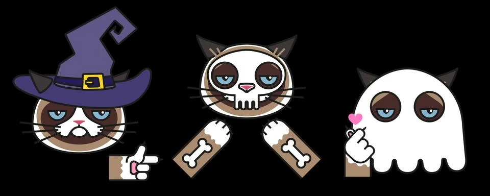 Grumpy cats in halloween skeleton, witch ghost Stock Illustration