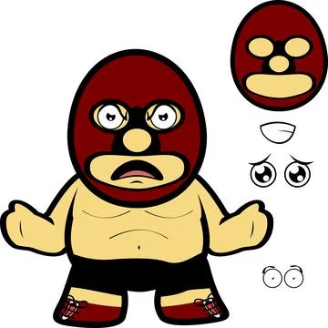 Grumpy chibi mexican wrestler cartoon expressions pack Stock Illustration