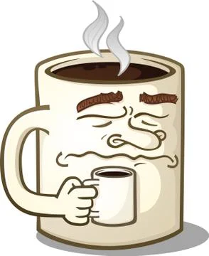 Grumpy Coffee Mug Cartoon Character Holding A Smaller Mug Stock Illustration
