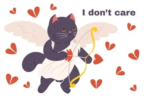Grumpy cupid cat flying in a white cloth, holding arrow and bow in paw with w Stock Illustration