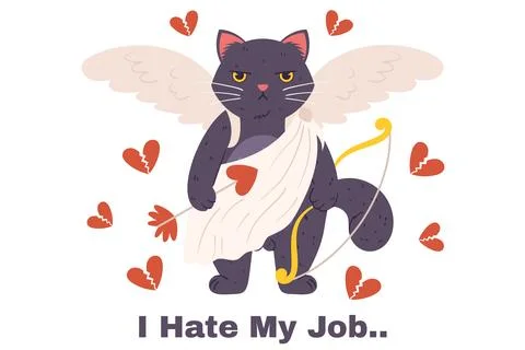 Grumpy cupid cat stands in a white cloth, holding arrow and bow in paw with w Stock Illustration