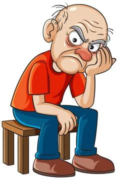 Grumpy Elderly Man Sitting on Wooden Stool 库存插图