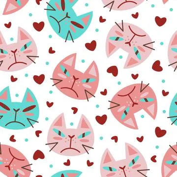 Grumpy faces of cats seamless vector pattern. Cute sad kittens with hearts 库存插图