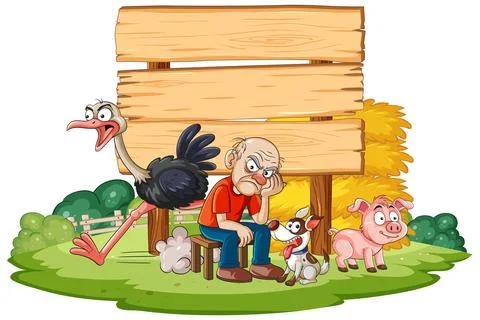 Grumpy Farmer Sitting With Animals Near Blank Wooden Sign 库存插图