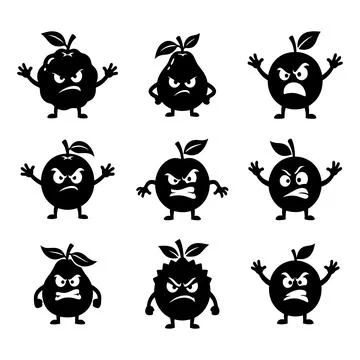 Grumpy fruit mascot face silhouette vector illustration set Stock Illustration
