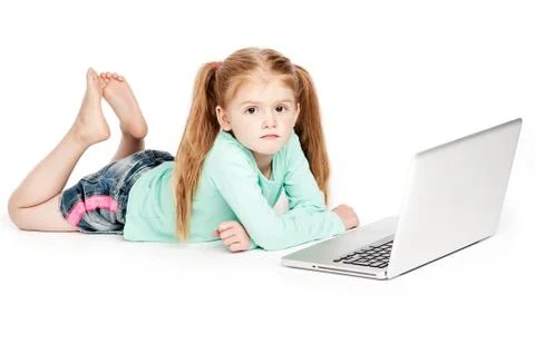 Grumpy girl with laptop computer Foto stock