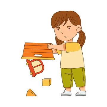 Grumpy Girl Throwing Toys Out of Box Grizzling Vector Illustration Stock Illustration