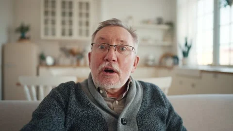 Grumpy grouchy senior man makes claims, swears, chastises, sarcastically jokes Video stock 249868044