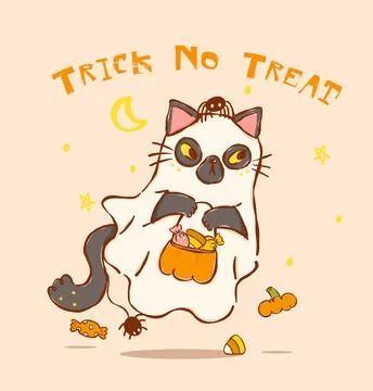 Grumpy Halloween Black cat in ghost costume floating, funny autumn cartoon .. Stock Illustration
