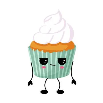 Grumpy kawaii muffin character with cream topping Stock Illustration