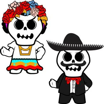 Grumpy mexican kid skull cartoon couple set illiustration Stock Illustration