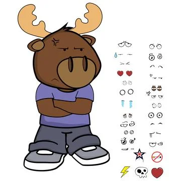Grumpy moose kid character cartoon expressions set Illustrazione stock