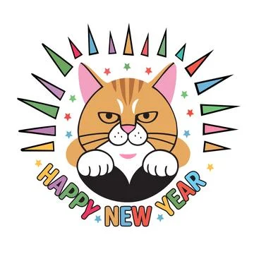 Grumpy orange cat with happy new year text and festive design element Illustrazione stock