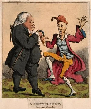 A grumpy physician taking the pulse of an alarmed man. Coloured etching. Stock Illustration