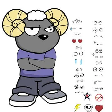 Grumpy ram young kid character cartoon kawaii expressions set pack Stock Illustration