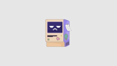 Grumpy retro computer with pixel face and cute stickers 2D cartoon animation Stock Footage 347589434