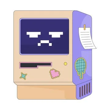Grumpy retro computer with pixel face and cute stickers 2D cartoon clip art Stock Illustration