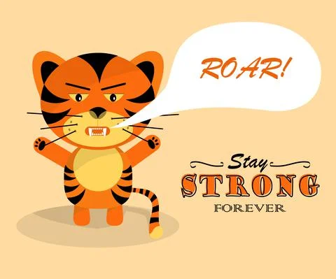 Grumpy roaring tiger cub. Symbol of 2022. Stay strong forever. Stock Illustration