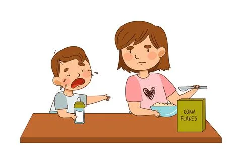 Grumpy Sister Eating Corn Flakes and Crying Little Brother with Milk Bottle Stock Illustration