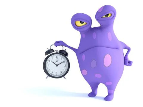 A grumpy spotted monster holding alarm clock. Stock Illustration