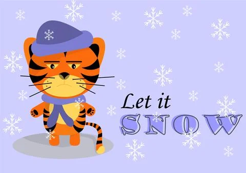 Grumpy tiger cub with text let is snow on snowy background Stock Illustration