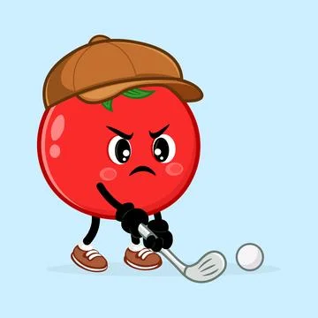 A grumpy Tomato cartoon character playing golf on a bright day. 스톡 일러스트