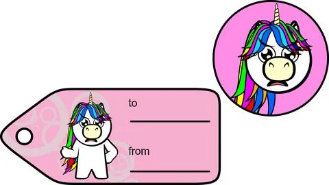 Grumpy unicorn kid cartoon gift card sticker Stock Illustration