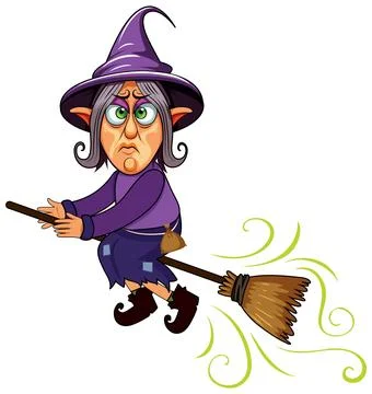 A grumpy witch cartoon character riding broom Stock Illustration