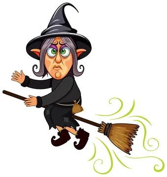 A grumpy witch cartoon character riding broom Stock Illustration