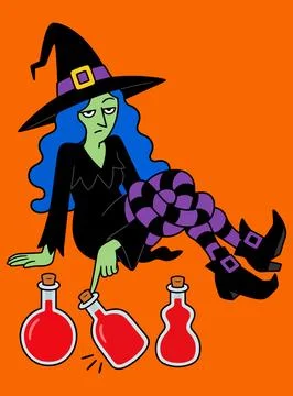 Grumpy Witch with Potions Stock Illustration