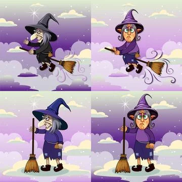Grumpy witch riding bloom on sky set Stock Illustration