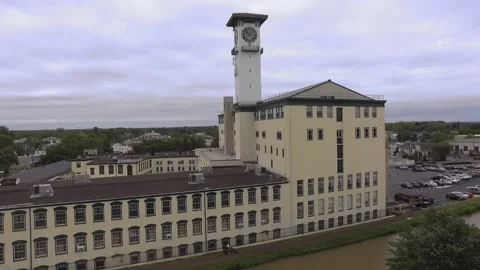 Grundy Complex and Clock Tower descending drone shot. Stock Footage 132989065