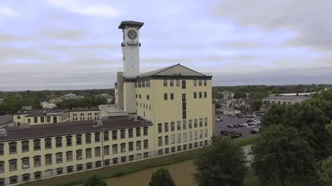 Grundy Mills Complex and Clock Tower, Bristol, PA ascending drone shot. Stock Footage 132987789