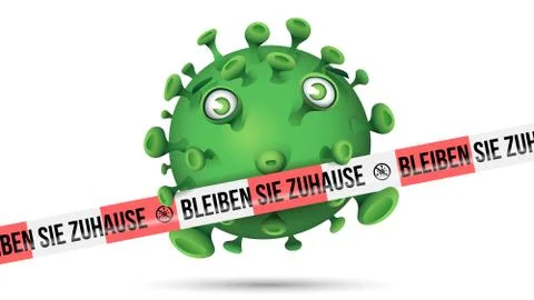 Grüner Virus mit rot-weissem Absperrband und Aufschrift - Bleiben Sie Zuhause Stock Illustration